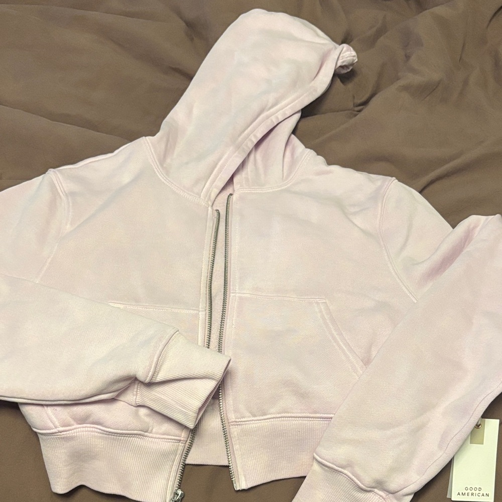 Good American Pale Pink Cropped Zip Hoodie